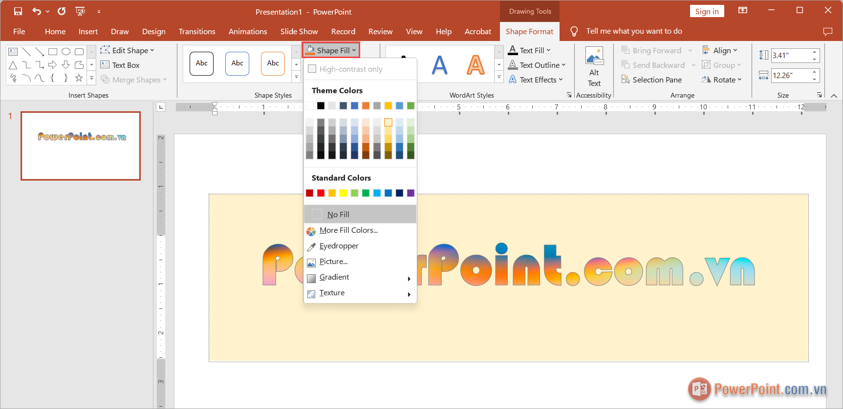 Nhấn Shape Fill và chọn màu để thay thế màu nền cho chữ sau khi lồng ảnh vào trong chữ Nhấn Shape Fill và chọn màu để thay thế màu nền cho chữ sau khi lồng ảnh vào trong chữ