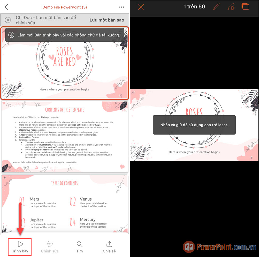Slide sẽ được phóng to toàn màn hình