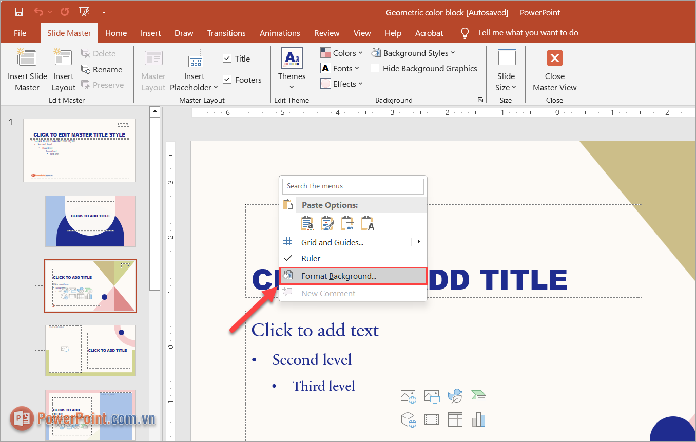 Thay đổi nền trong PowerPoint và Click chuột phải chọn Format Background