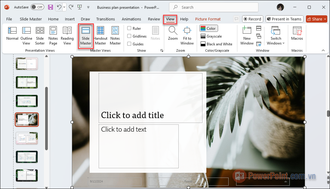 Bật chế độ Slide Master (trong tab View) trên thanh công cụ