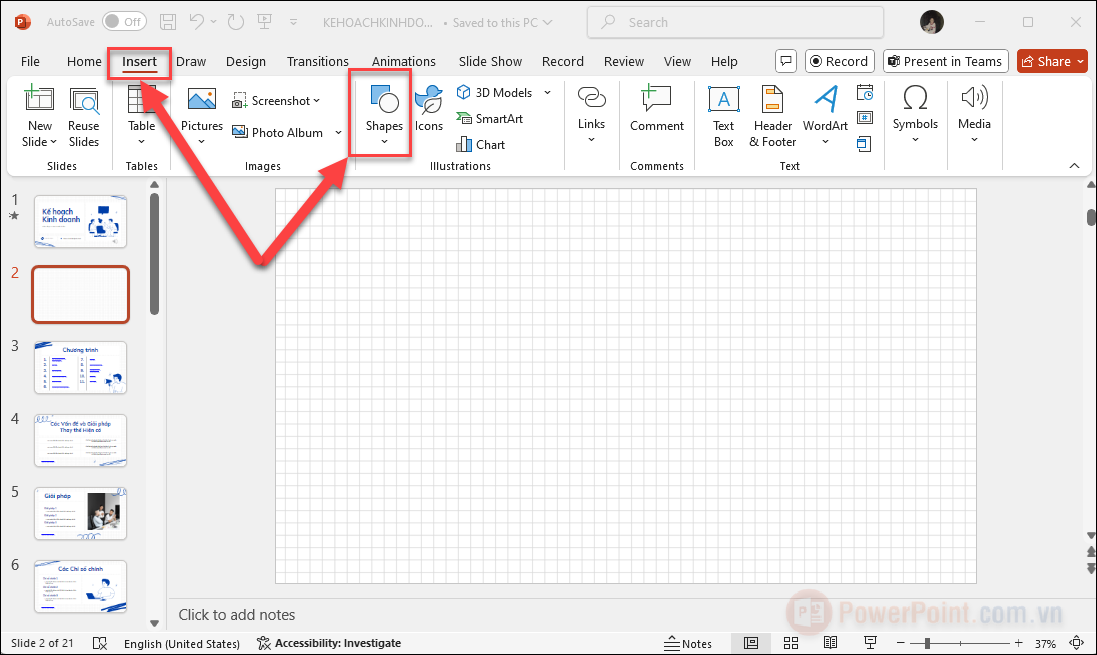 Bắt đầu vẽ hình bằng cách truy cập công cụ Insert  chọn Shapes