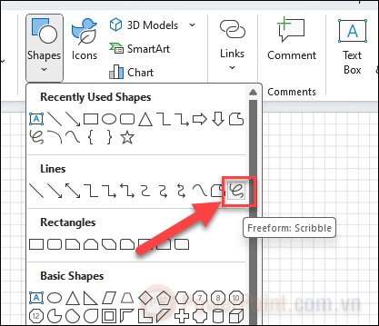 Chọn Insert (Chèn) trên thanh công cụ sau đó nhấp vào Shapes