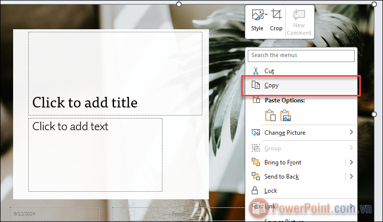Click chuột phải vào nền của slide, chọn Copy