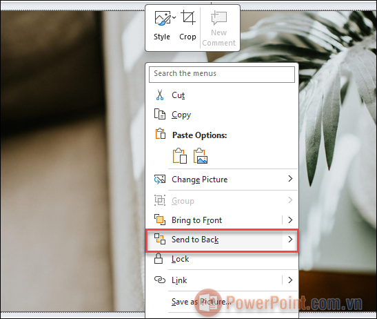 Click chuột phải vào nền và nhấn Send to Back