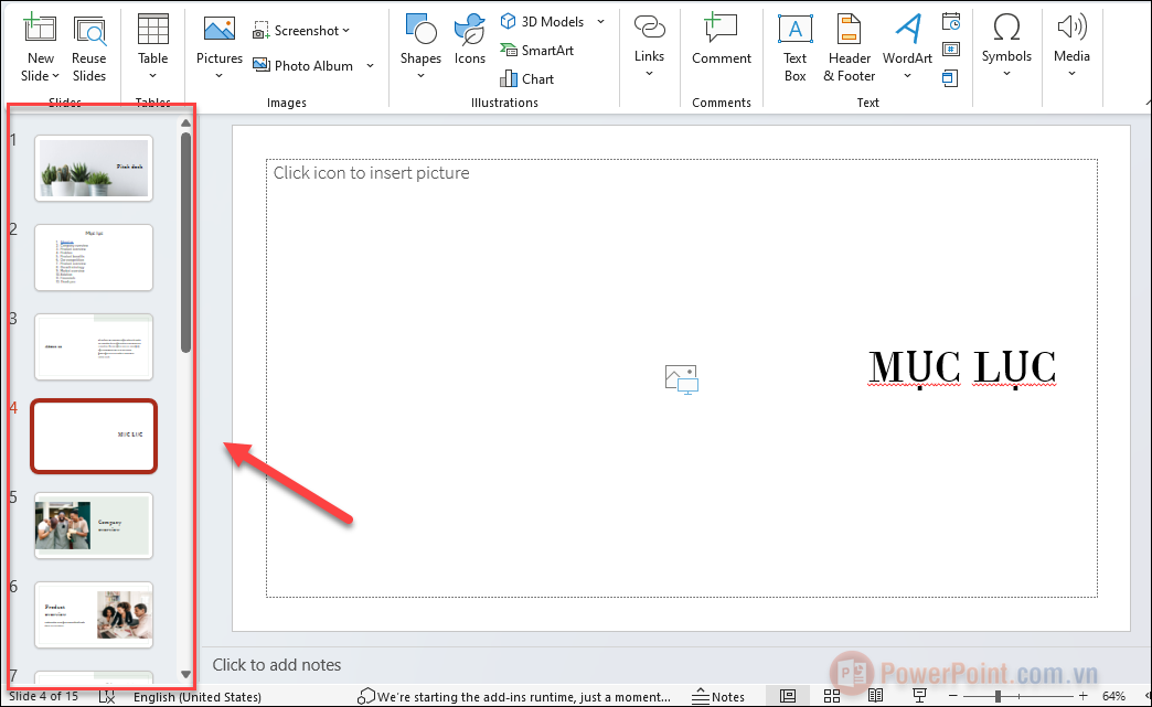 Ngăn Thumbnails là nơi hiển thị bản thu nhỏ của tất cả các slide
