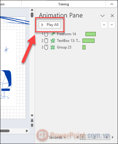 Nhấn vào nút Play All trong Animation Pane để xem trước thứ tự của các Animations