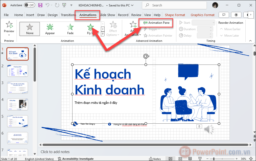 Nhấp vào tab Animations, tại Advanced Animation chọn Animation Pane