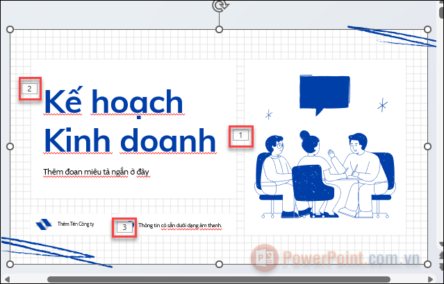 Sẽ thấy các đối tượng trên slide được đánh số 1, 2, 3