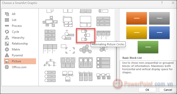 Thử với Alternating Picture Circles được đánh dấu nằm gần trung tâm menu đồ họa