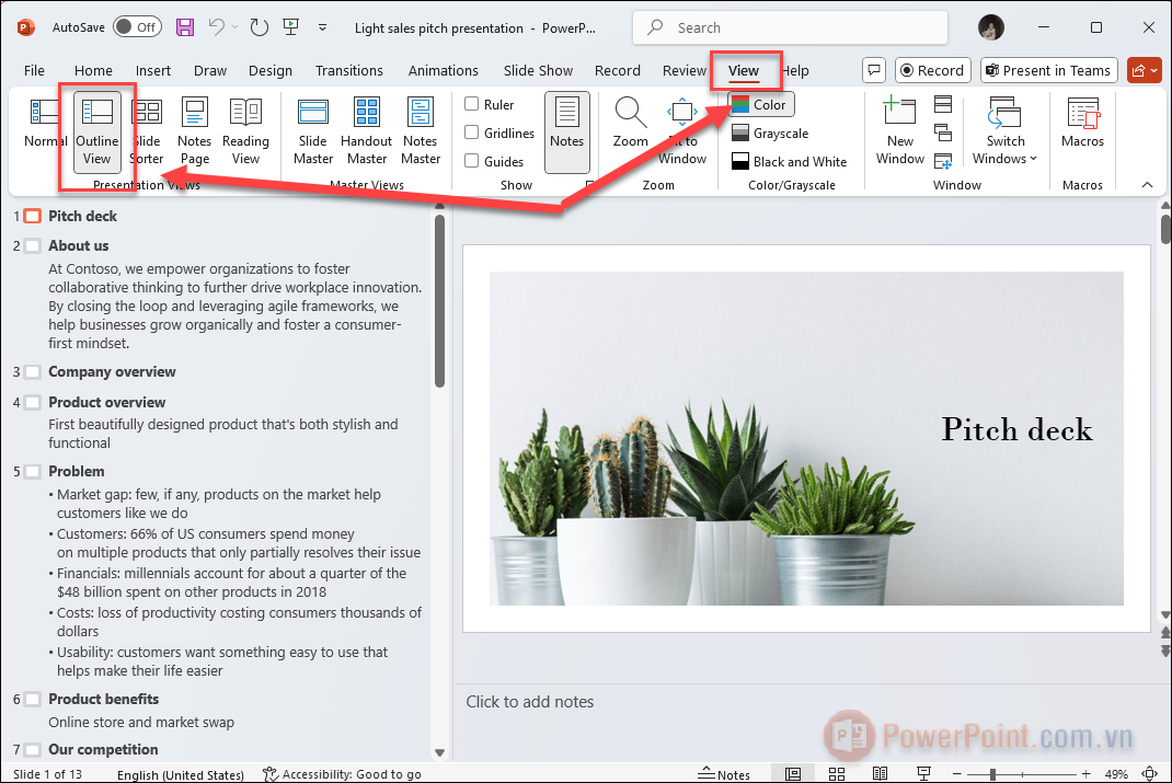 Trên thanh ribbon, hãy vào tab View  sau đó chọn Outline View