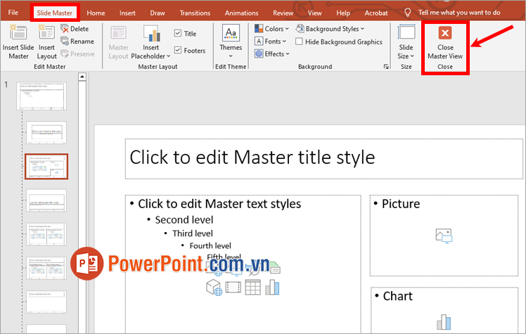 Chọn Slide Master → Close Master View để đóng Slide Master