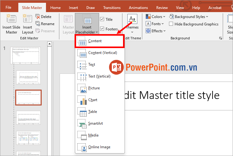 Thẻ Slide Master chọn Insert Placeholder → ấn Placeholder