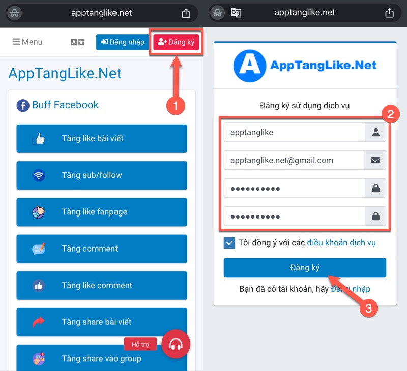 Đăng ký tài khoản AppTangLike