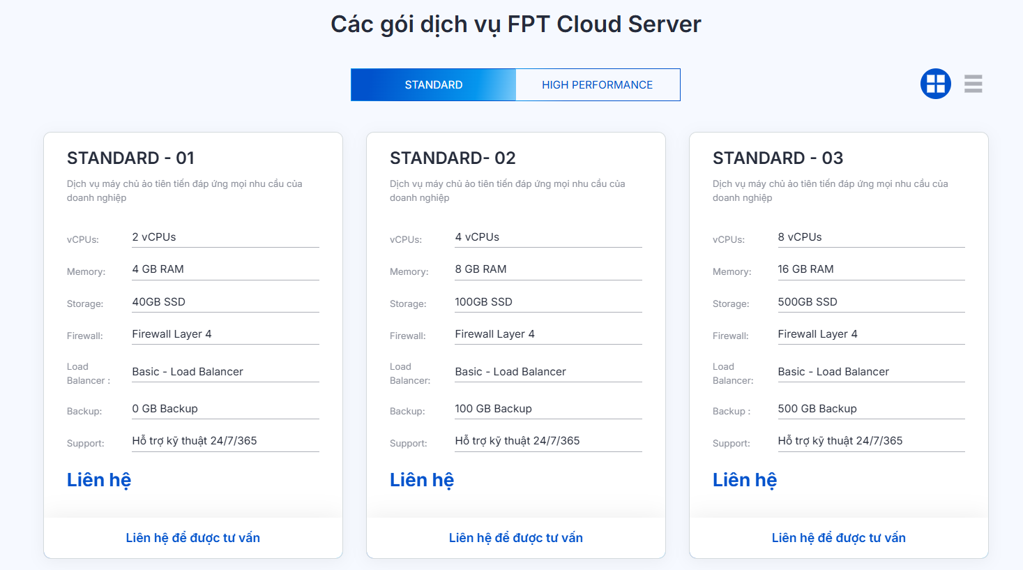 Các gói dịch vụ cho thuê cloud server STANDARD tại FPT Cloud cho doanh nghiệp