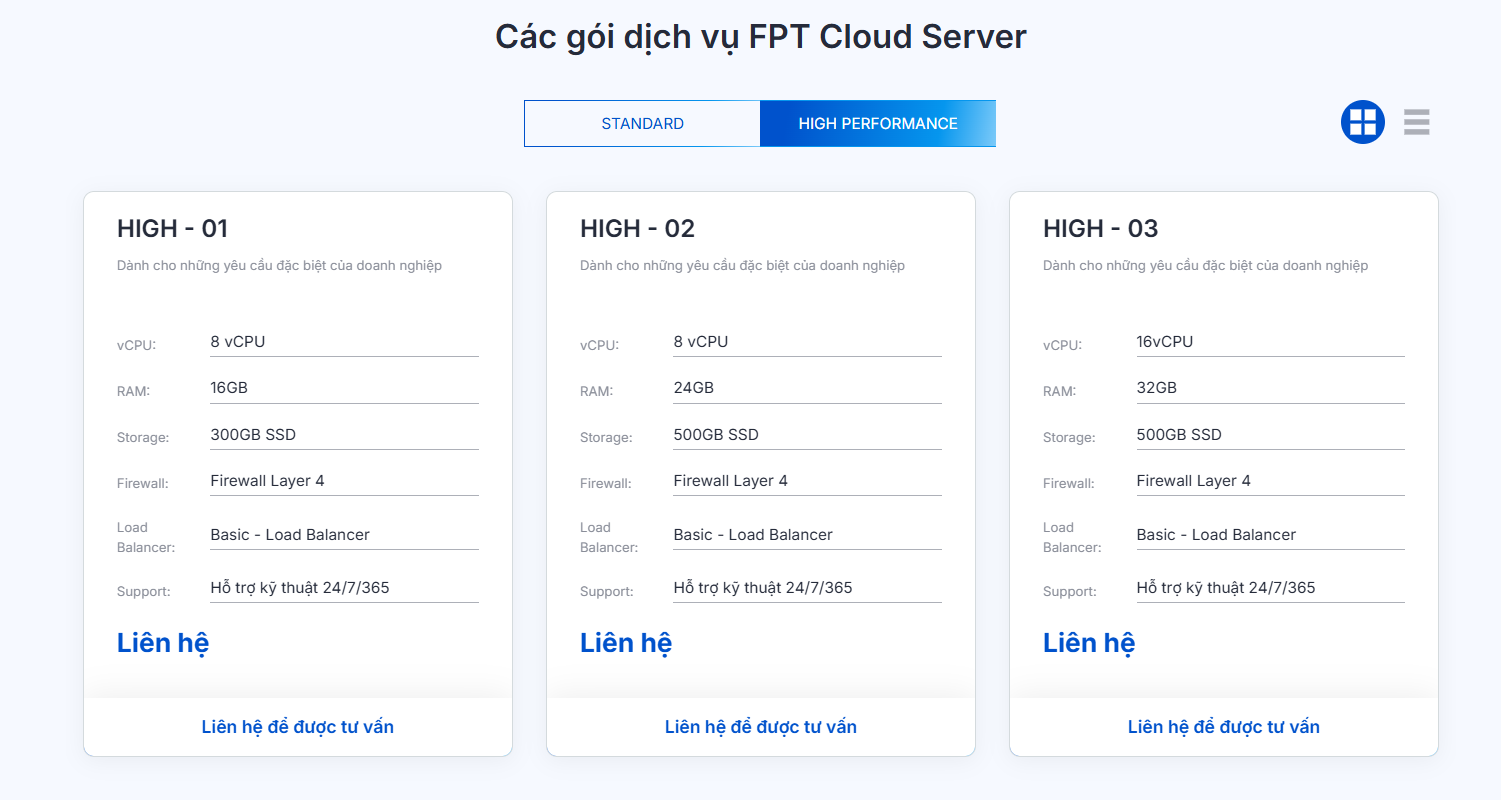 Các gói dịch vụ thuê cloud server HIGH PERFORMANCE tại FPT Cloud