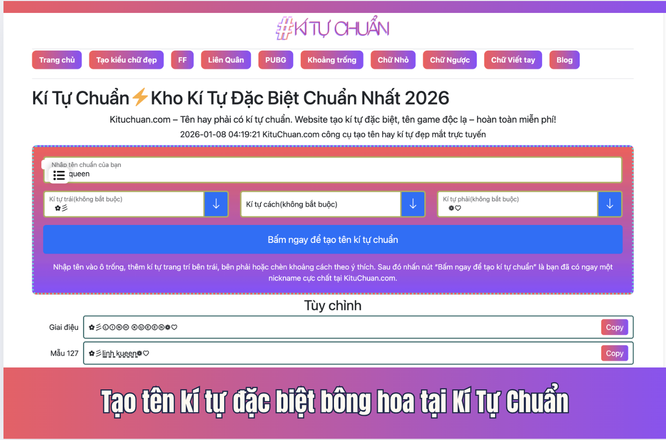 Tạo tên kí tự đặc biệt bông hoa tại Kí Tự Chuẩn - Tên bao đẹp