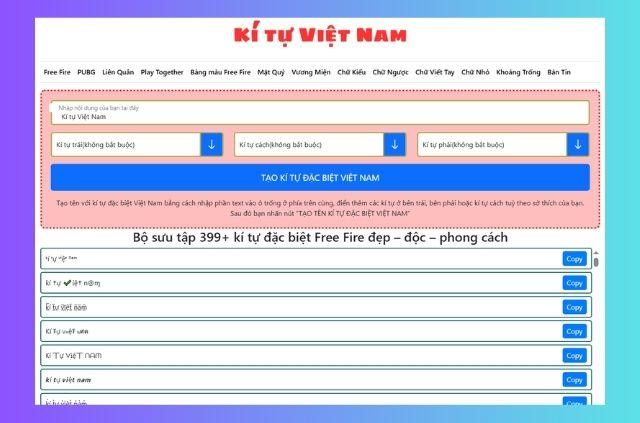 Giao diện chính của Kí Tự Việt Nam